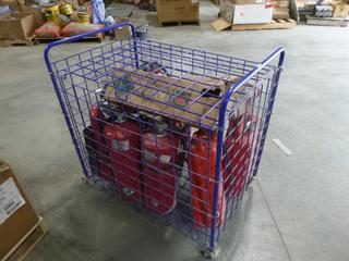 Qty of Fire Extinguishers, 10 & 20 Pounds, (2) Hand Pump Models C/w Metal Rolling Rack