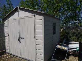 8ft X 8ft X 8ft Garden Shed C/w Mtd On Wood Base, Qty Of Garden Tools And Supplies *Note: Buyer Responsible for Load Out*