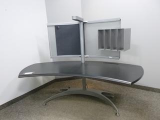 Office Desk w/ Pin Board Back, Compartments, Overhead Light, 86 In. x 3 Ft. x 64 In.,*Note: Desk is Angled*