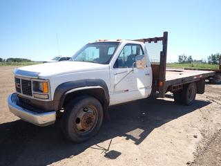 1992 GMC 3500 HD Flat Deck Truck c/w 5.7L V8, 5 Speed, Dually, 225/70R19.5 Front Tires at 50%, Rears at 70%, 12 Ft. x 8 Ft. Deck, Showing 443,744 Kms, VIN 1GDKC34K6NJ515157 *Note: No Wiper Blades, Deck Has Cut Out For 5th Wheel Hitch*
