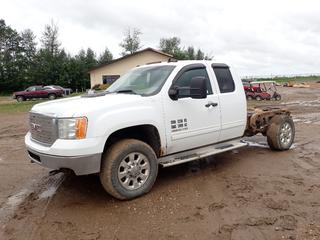 2012 GMC Sierra 3500 Extended Cab 4X4 Cab and Chassis, c/w 6.6L Duramax Diesel, A/T, A/C, LT275/65R18 Tires at 50%, Showing 234,187 Kms, VIN 1GT523C80CZ248302 *Note: Engine Light On*