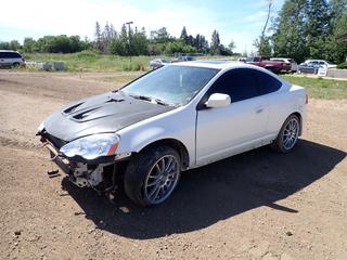 2004 Acura RSX Coupe c/w A/C, Manual, P225/40R18 Tires at 40%, VIN JH4DC53004581117 *Note: Parts Only, No Keys, No Engine, No Front Bumper/Grill, Kms Unavailable*