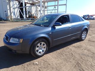 2002 Audi A4 Quattro c/w 1.8L Turbo, A/C, Leather, Sunroof, 205/65R15 Tires at 50%, VIN WAULC68E32A144465 *Note: Salvage Title, Catalytic Converter Removed, Engine Light On, Kms Unknown*