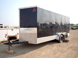 2017 Wells Cargo CT7X162 18 Ft. T/A Enclosed Trailer c/w 2 5/16 In. Hitch, Manual Jack, Side Door, Drop Down Rear Door, Front/Sides Reinforced w/ Diamond Plate, ST205/75R15 Tires, VIN 575200G21HP337733 *Note: Dents In Front Diamond Plate*