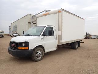 2013 GMC Savanna 16 Ft. Cube Van c/w 6.0L Vortec, Built In Shelving, Access Door From Cab, 118 In. x 26 In. Loading Ramp, GVWR 5,579 KG, LT225/75R16 Tires at 70%, Front Axle Rating 1,951 KG, Rear Axle Rating 3,901 KG, Showing 180,774 Kms, VIN 1GD374CG8D1133805 