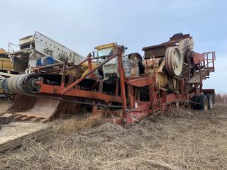 Located Offsite - 2006 Gator Jaw Crushing Plant, Model P.E. 1842, 36 In. X 26 Ft., SN GTJC4710-06-001, 460V, 15 HP Electric Motor, Jaw Motor: GE 460V, 125 HP, T/A Carrier Chassis, SN HS1270845, Elruss 4 X 8 Ft. Double Deck Heavy Duty Screen, Baldor 460V, 25 HP Motor, 42 In. X 17 Ft. Underscreen Belt, Endurance 460V, 15 HP Motor, Cord Package, 2 In. Top Deck Screen, 3/8 In. Slotted Bottom Screen, C/w Spare Jaw Parts  *Note: Buyer Responsible For Load Out*   **Major Equipment Dispersal For Skoreyko Crushing Ltd.**   Located Near Caslan, AB  For More Info Contact Connor @ 780-218-4493