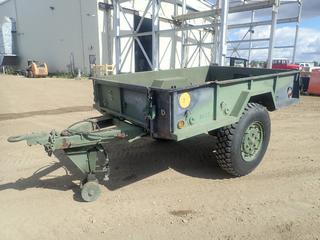 1988 1-1/2 Ton Army Trailer c/w 9 1/2 Ft. x 6 1/2 Ft., Pintle Hitch, 4 Ft. Tongue, Leaf Springs w/ Overload Springs and Shocks, Rear Jack Support, Air Brakes, Park Brake On Both Sides, Front and Back Gates, 11.00R20 Tires, VIN 880769 *Note: Minor Dent On Side and Back*