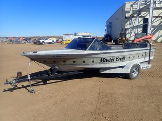 1983 Mastercraft 18 Ft. Competition Ski Boat c/w 5.0L Ford Engine, Sea Sense 600 GPM Bilge Pump, 6 Person, 1,085 Lb. Capacity, Unused Spare Tire, Boat Cover, Mastercraft S/A Trailer w/ 2 In. Ball Hitch, 1,200 Lb. All Purpose Winch, ST205/75R14 Tires, Showing 114 Hrs, Boat SN MBCEE319M83H-PD, Licence #59E44414, *Note: Unable To Locate VIN On Trailer, Runs as per Consignor* 