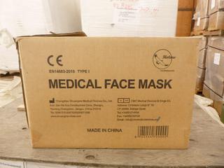 **LOCATED OFFSITE** (1 Box) Medical Facemask, 3 Layers, BFE ≥ 95%, Approx. 2000 Pcs/Box *Note: Buyer Responsible For Loadout, This Item Is Located @ 7261 18ST NW, For More Info Contact Chris @ 587-340-9961*