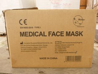 **LOCATED OFFSITE** (1 Box) Medical Facemask, 3 Layers, BFE ≥ 95%, Approx. 2000 Pcs/Box *Note: Buyer Responsible For Loadout, This Item Is Located @ 7261 18ST NW, For More Info Contact Chris @ 587-340-9961*