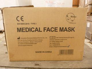 **LOCATED OFFSITE** (1 Box) Medical Facemask, 3 Layers, BFE ≥ 95%, Approx. 2000 Pcs/Box *Note: Buyer Responsible For Loadout, This Item Is Located @ 7261 18ST NW, For More Info Contact Chris @ 587-340-9961*