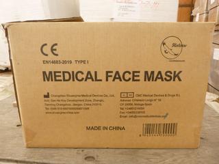 **LOCATED OFFSITE** (5 Boxes) Medical Facemask, 3 Layers, BFE ≥ 95%, Approx. 2000  Pcs/Box *Note: Buyer Responsible For Loadout, This Item Is Located @ 7261 18ST NW, For More Info Contact Chris @ 587-340-9961*