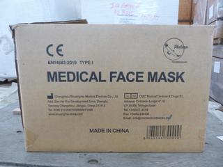 **LOCATED OFFSITE** (5 Boxes) Medical Facemask, 3 Layers, BFE ≥ 95%, Approx. 2000  Pcs/Box *Note: Buyer Responsible For Loadout, This Item Is Located @ 7261 18ST NW, For More Info Contact Chris @ 587-340-9961*