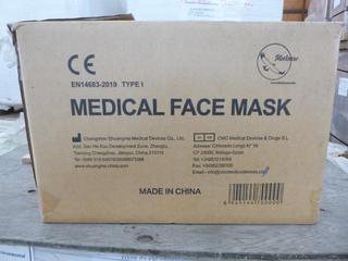 **LOCATED OFFSITE** (5 Boxes) Medical Facemask, 3 Layers, BFE ≥ 95%, Approx. 2000  Pcs/Box *Note: Buyer Responsible For Loadout, This Item Is Located @ 7261 18ST NW, For More Info Contact Chris @ 587-340-9961*