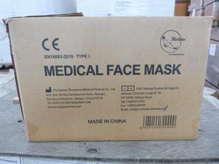 **LOCATED OFFSITE** (10 Boxes) Medical Facemask, 3 Layers, BFE ≥ 95%, Approx. 2000 Pcs/Box *Note: Buyer Responsible For Loadout, This Item Is Located @ 7261 18ST NW, For More Info Contact Chris @ 587-340-9961*