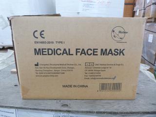 **LOCATED OFFSITE** (10 Boxes) Medical Facemask, 3 Layers, BFE ≥ 95%, Approx. 2000 Pcs/Box *Note: Buyer Responsible For Loadout, This Item Is Located @ 7261 18ST NW, For More Info Contact Chris @ 587-340-9961*