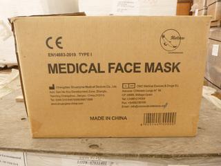 **LOCATED OFFSITE** (10 Boxes) Medical Facemask, 3 Layers, BFE ≥ 95%, Approx. 2000 Pcs/Box *Note: Buyer Responsible For Loadout, This Item Is Located @ 7261 18ST NW, For More Info Contact Chris @ 587-340-9961*