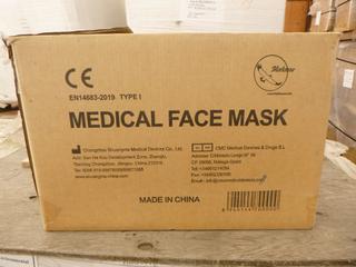 **LOCATED OFFSITE** (10 Boxes) Medical Facemask, 3 Layers, BFE ≥ 95%, Approx. 2000 Pcs/Box *Note: Buyer Responsible For Loadout, This Item Is Located @ 7261 18ST NW, For More Info Contact Chris @ 587-340-9961*