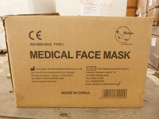 **LOCATED OFFSITE** (10 Boxes) Medical Facemask, 3 Layers, BFE ≥ 95%, Approx. 2000 Pcs/Box *Note: Buyer Responsible For Loadout, This Item Is Located @ 7261 18ST NW, For More Info Contact Chris @ 587-340-9961*