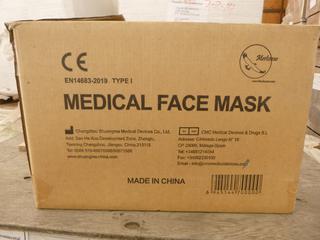 **LOCATED OFFSITE** (10 Boxes) Medical Facemask, 3 Layers, BFE ≥ 95%, Approx. 2000 Pcs/Box *Note: Buyer Responsible For Loadout, This Item Is Located @ 7261 18ST NW, For More Info Contact Chris @ 587-340-9961*