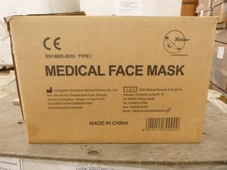 **LOCATED OFFSITE** (10 Boxes) Medical Facemask, 3 Layers, BFE ≥ 95%, Approx. 2000 Pcs/Box *Note: Buyer Responsible For Loadout, This Item Is Located @ 7261 18ST NW, For More Info Contact Chris @ 587-340-9961*