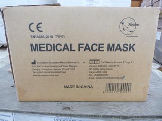 **LOCATED OFFSITE** (10 Boxes) Medical Facemask, 3 Layers, BFE ≥ 95%, Approx. 2000 Pcs/Box *Note: Buyer Responsible For Loadout, This Item Is Located @ 7261 18ST NW, For More Info Contact Chris @ 587-340-9961*