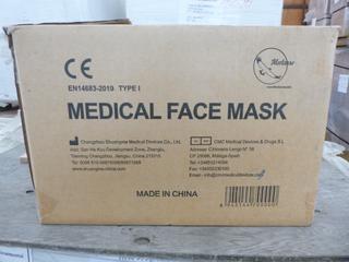 **LOCATED OFFSITE** (20 Boxes) Medical Facemask, 3 Layers, BFE ≥ 95%, Approx. 2000 Pcs/Box *Note: Buyer Responsible For Loadout, This Item Is Located @ 7261 18ST NW, For More Info Contact Chris @ 587-340-9961*