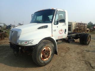 2002 International 4X2 4300 SDALT Cab and Chassis c/w 188 In. Wheel Base Leaf Springs, 11.00R20 Front Tires, 295/75R22.5 Rear Tires, VIN 1HTMNAAM62H547257 *Note: Salvage Title, No Engine, No Transmission, Chassis Bent In Back, Driver Rear Side Axle Leaking* **Located Offsite at 21220-107 Avenue NW, Edmonton, For More Information Contact Richard at 780-222-8309**