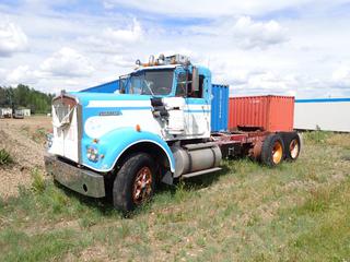 1971 Kenworth T/A Truck Tractor C/w PTO, Diff-Lock, Thermo King Cab Heater, Sliding Fifth Wheel, Spring over WB Susp, 10.00R22 Front Tires And 11R24.5 Rear Tires. Showing 292,463kms. *Note: No Engine, No Transmission, Parts Only, VIN OBL, Buyer Responsible For Loadout*