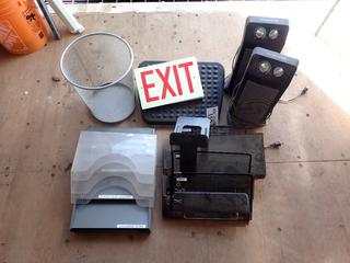 Qty Of Assorted File Folders, Exit Sign, Garbage Can And (2) Tower Heaters
