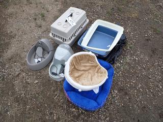 Pet Carrier C/w Beds, Litter Boxes And Water Dish