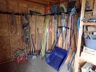 Qty Of Brooms, Shovels, Slings, Buggy Whips, Roller And Assorted Hand Tools