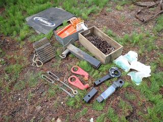 Qty Of Assorted Hitches, Trailer Jack, Hooks, Mud Flaps, Chains And Assorted Supplies