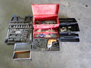 (2) Toolboxes C/w Incomplete Socket Set, Cutters, Black & Decker 3/8in Drill, Glue Gun And Assorted Supplies