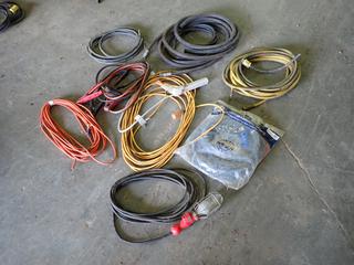 Qty Of Extension Cords, Booster Cables, Trouble Light And 3/8in 15ft Air Hose 