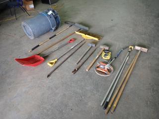 Qty Of Rakes, Shovels, Sledge Hammers, Meter Wheel, Measuring Tape, (2) Garbage Cans And Snipe