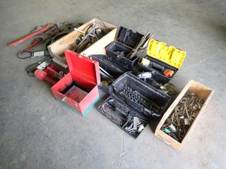 Qty Of (5) Toolboxes C/w Drill Bits, Allen Keys, Measuring Tapes, Files, Hole Saw Bits, Sockets, Ratchets, V-Belts, Funnels, Pipe Wrenches And Assorted Supplies