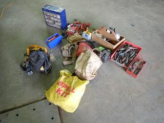 Qty Of Tie Downs, Leather Pouch, North First Aid Kit, Bolt Bin, Klein Tool Bag, Spray Guns, Harnesses And Assorted Supplies