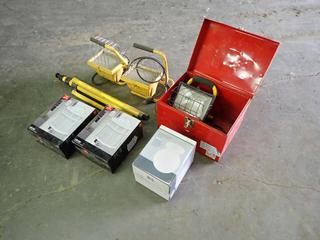 Qty Of (3) Shop Lights C/w Stand, Ceiling Light, (2) Globe Outdoor Wall Mounts And Toolbox