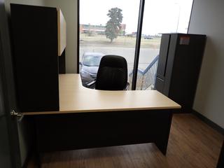 L-Shaped Desk 66 In c/w Overhead Storage, Filing Cabinet and Rolling Office Chair.