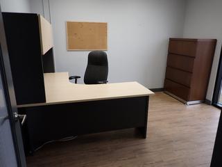 L-Shaped Desk 66 In c/w Overhead Storage, Filing Cabinet and Rolling Office Chair.