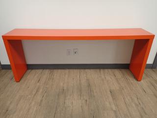 Orange Hallway Table 75 In x 14 1/4 In x 29 In and (3) Upholstered Fabric Stools.