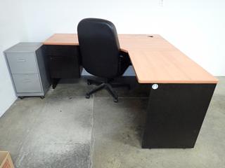 L-Shaped Desk 66 In x 65 In w/ Rolling Filing Cabinet and Rolling Office Chair.