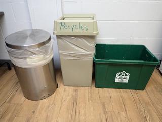 (2) Recycling Bins and (1) Stainless Garbage Can.