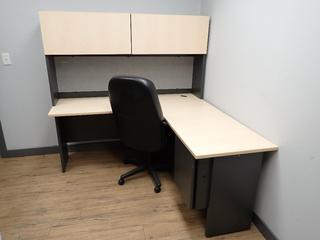L-Shaped Desk 24 In x 65 In c/w Overhead Storage and Rolling Office Chair.