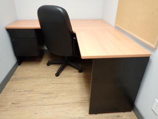 L-Shaped Desk 65 In c/w Rolling Office Chair and 2-Door Metal Cabinet 36 In x 18 In x 72 In.