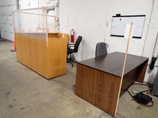 (2) L-Shaped Desks (82 x 71 x 30 In and 71 x 35 1/2 x 29 In), Metal Filing Cabinet 15 x 20 x 27 In and (2) Rolling Office Chairs. 