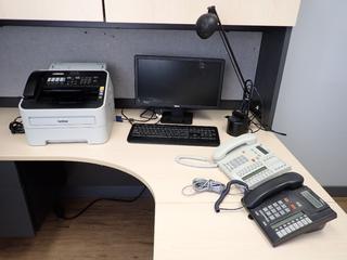 Dell 19 In Monitor, Brother High Speed Laser Fax Machine, Microsoft Wireless Keyboard, Desk Lamp and (2) Nortel Office Phones.