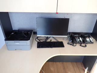View Sonic 24 In Monitor, Brother Laser Printer, Dell Keyboard and (2) Nortel Office Phones.