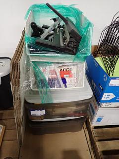 Assorted Office Supplies, Heavy Duty Punch, Stationary and Storage Boxes.